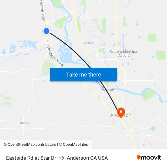 Eastside Rd at Star Dr to Anderson CA USA map