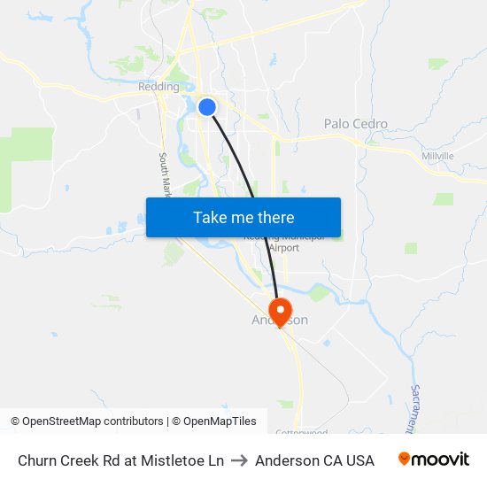 Churn Creek Rd at Mistletoe Ln to Anderson CA USA map