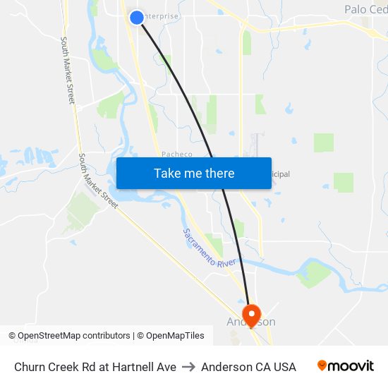 Churn Creek Rd at Hartnell Ave to Anderson CA USA map