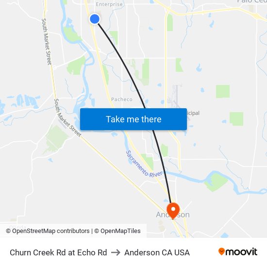 Churn Creek Rd at Echo Rd to Anderson CA USA map