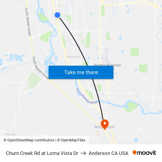 Churn Creek Rd at Loma Vista Dr to Anderson CA USA map