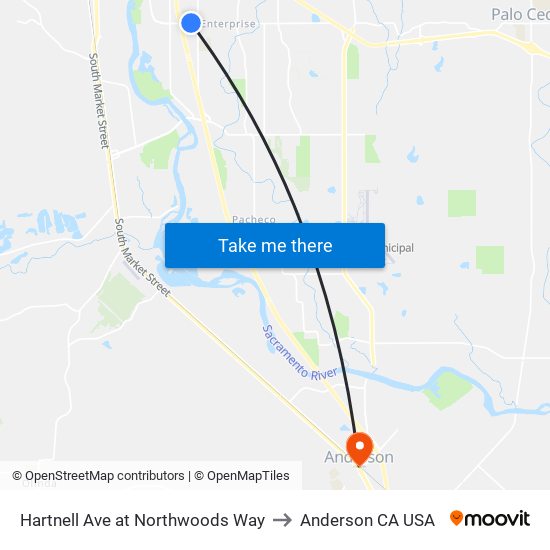 Hartnell Ave at Northwoods Way to Anderson CA USA map