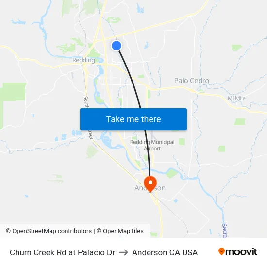 Churn Creek Rd at Palacio Dr to Anderson CA USA map