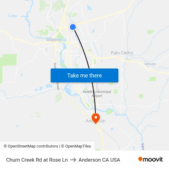 Churn Creek Rd at Rose Ln to Anderson CA USA map