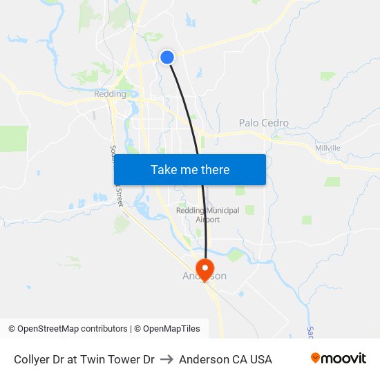 Collyer Dr at Twin Tower Dr to Anderson CA USA map