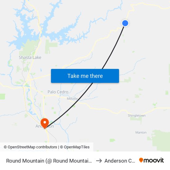 Round Mountain (@ Round Mountain Store/Cafe) to Anderson CA USA map