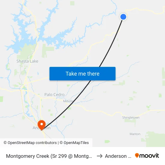 Montgomery Creek (Sr 299 @ Montgomery Creek Library) to Anderson CA USA map