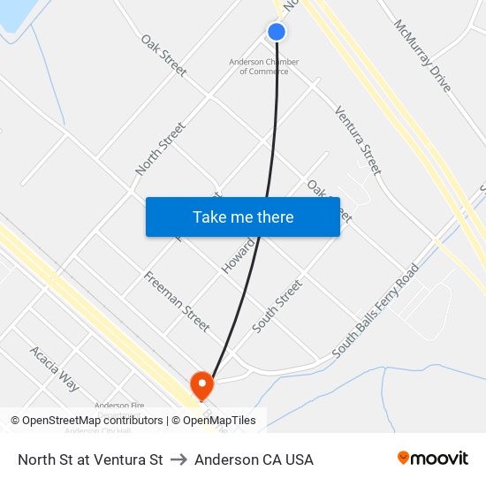 North St at Ventura St to Anderson CA USA map