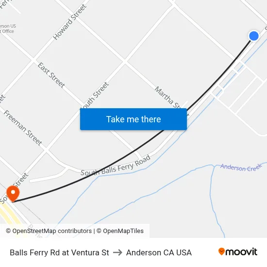 Balls Ferry Rd at Ventura St to Anderson CA USA map