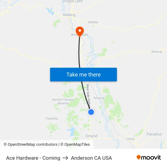 Ace Hardware - Corning to Anderson CA USA map