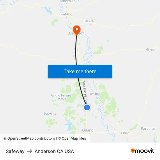 Safeway to Anderson CA USA map
