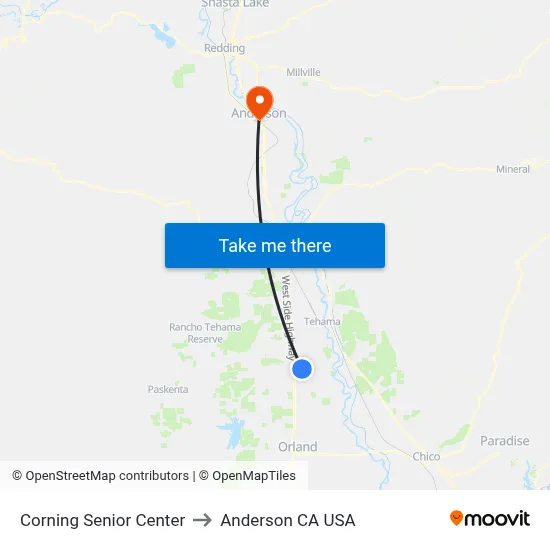 Corning Senior Center to Anderson CA USA map