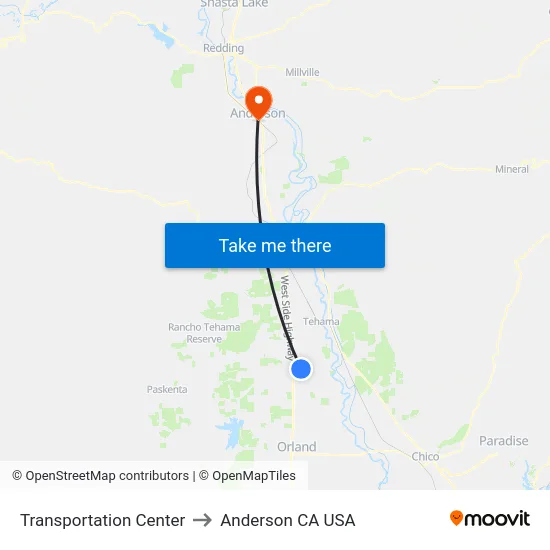 Transportation Center to Anderson CA USA map