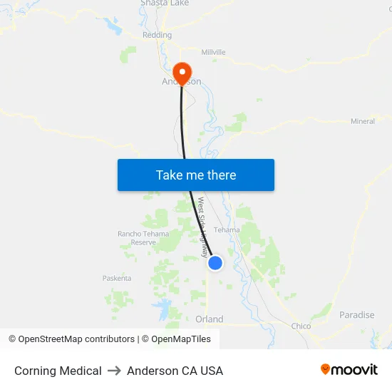 Corning Medical to Anderson CA USA map