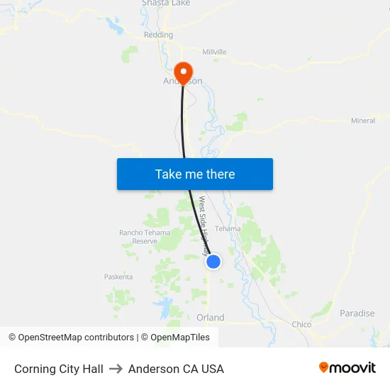 Corning City Hall to Anderson CA USA map