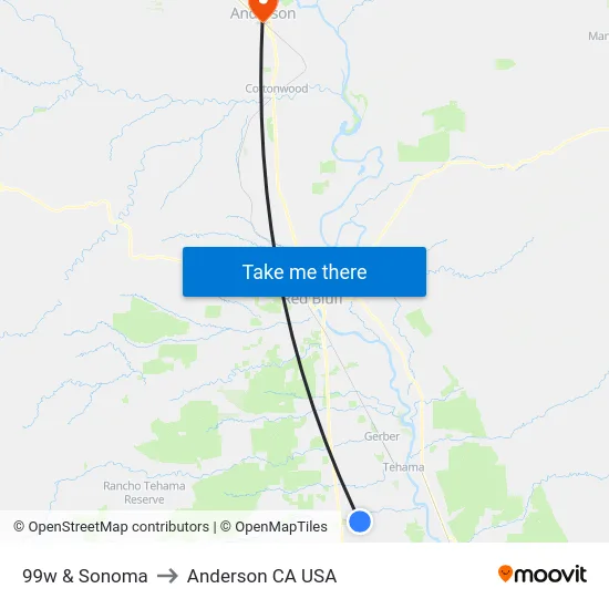 99w & Sonoma to Anderson CA USA map