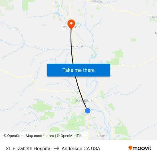 St. Elizabeth Hospital to Anderson CA USA map