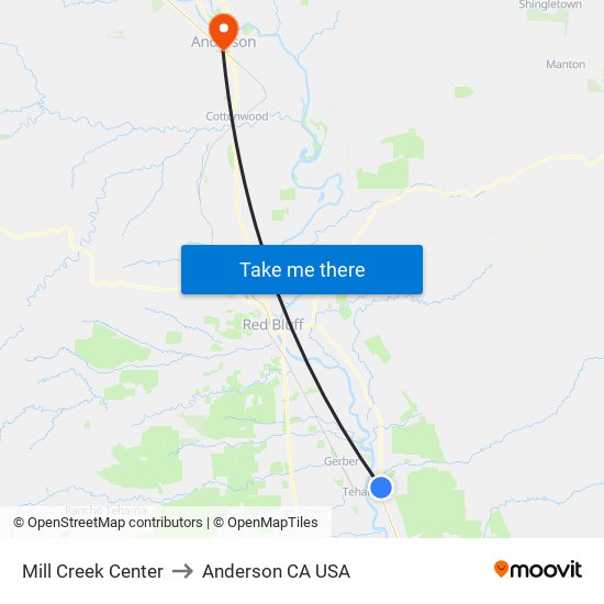 Mill Creek Center to Anderson CA USA map