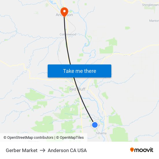 Gerber Market to Anderson CA USA map