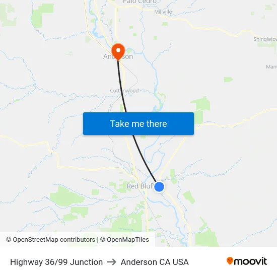 Highway 36/99 Junction to Anderson CA USA map