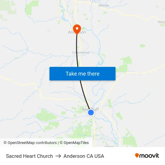 Sacred Heart Church to Anderson CA USA map
