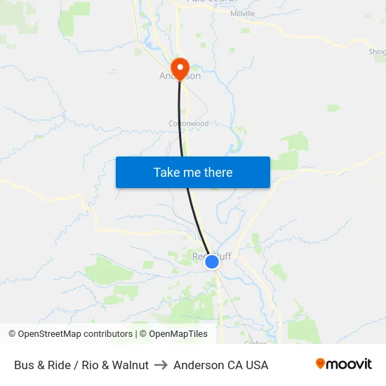 Bus & Ride / Rio & Walnut to Anderson CA USA map