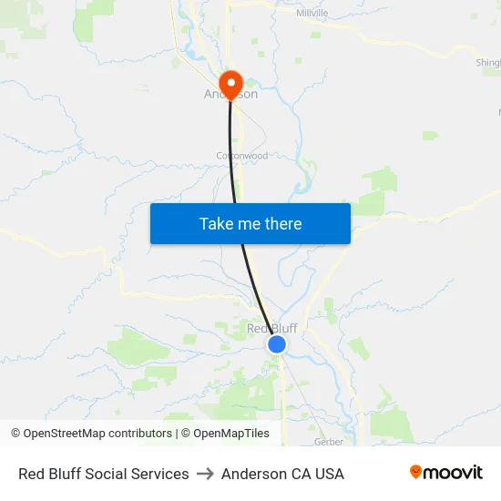 Red Bluff Social Services to Anderson CA USA map