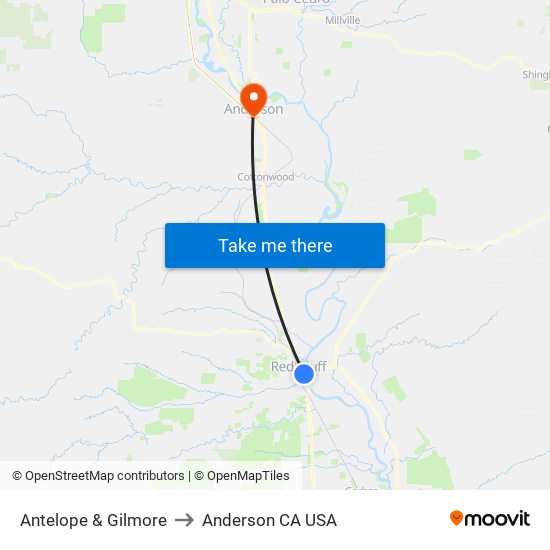 Antelope & Gilmore to Anderson CA USA map