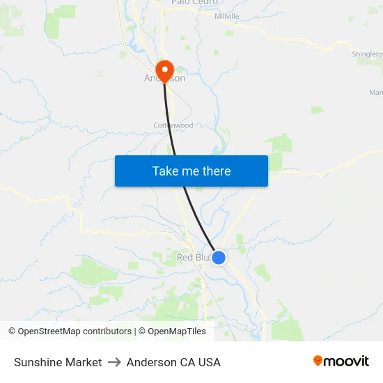 Sunshine Market to Anderson CA USA map
