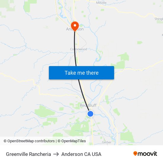 Greenville Rancheria to Anderson CA USA map