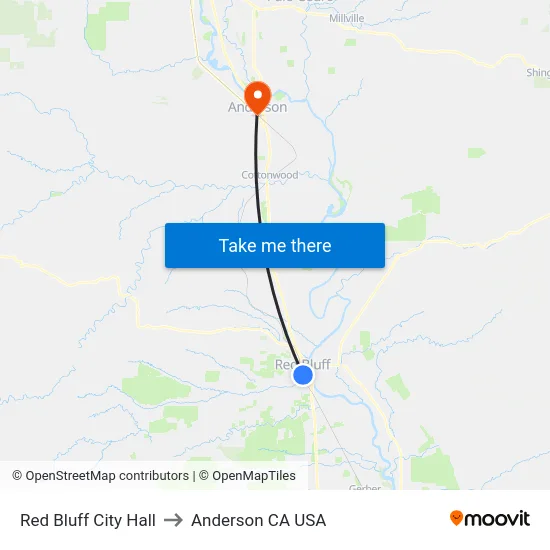 Red Bluff City Hall to Anderson CA USA map