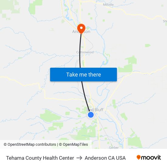 Tehama County Health Center to Anderson CA USA map