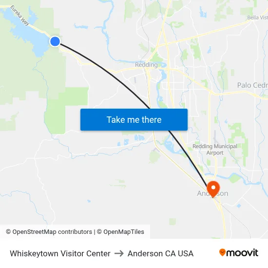 Whiskeytown Visitor Center to Anderson CA USA map