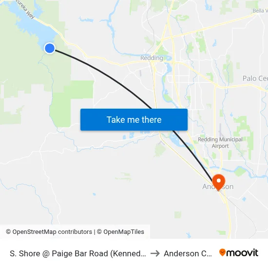 S. Shore @ Paige Bar Road (Kennedy Memorial) to Anderson CA USA map