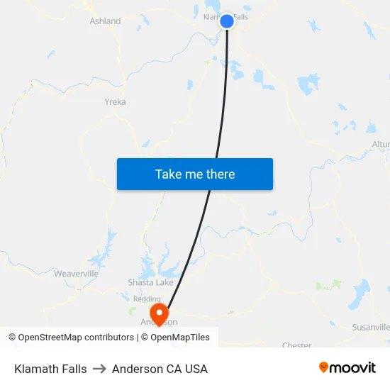 Klamath Falls to Anderson CA USA map