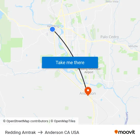 Redding Amtrak to Anderson CA USA map