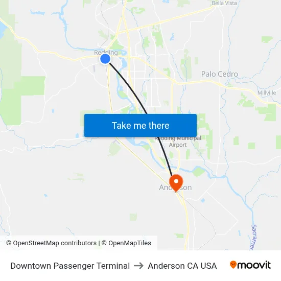 Downtown Passenger Terminal to Anderson CA USA map