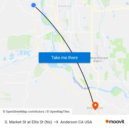 S. Market St at Ellis St (Ns) to Anderson CA USA map