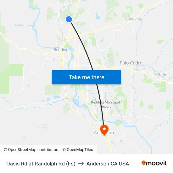 Oasis Rd at Randolph Rd (Fs) to Anderson CA USA map