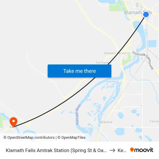 Klamath Falls Amtrak Station (Spring St & Oak Ave) to Keno map