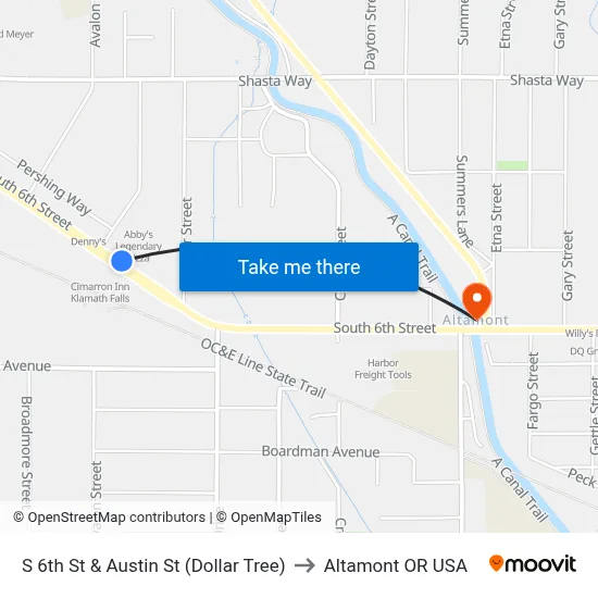 S 6th St & Austin St (Dollar Tree) to Altamont OR USA map