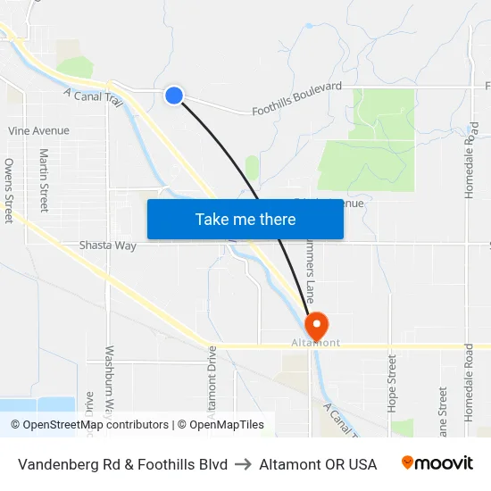 Vandenberg Rd & Foothills Blvd to Altamont OR USA map