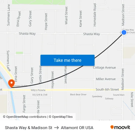 Shasta Way & Madison St to Altamont OR USA map