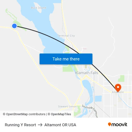 Running Y Resort to Altamont OR USA map