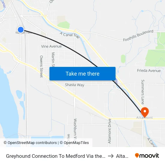 Greyhound Connection To Medford Via the Shuttle Klamath Falls + Amtrak Klamath Falls Rail Station (Kfs) to Altamont OR USA map