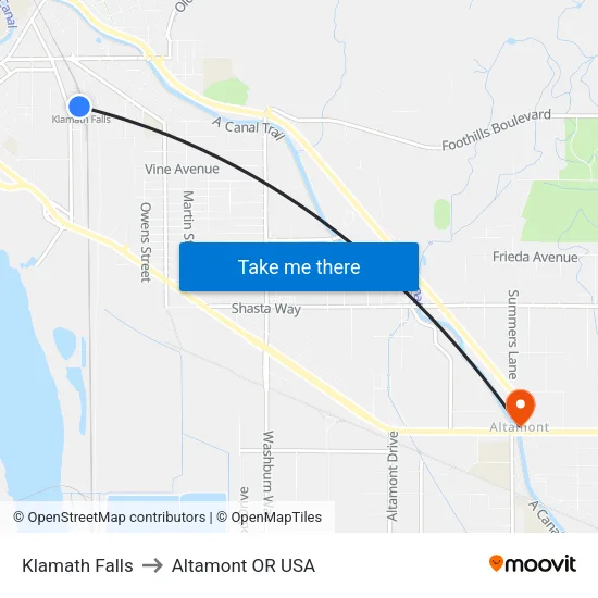 Klamath Falls to Altamont OR USA map