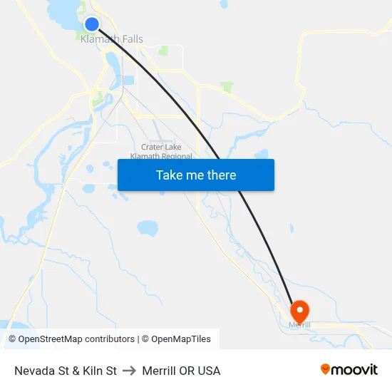 Nevada St & Kiln St to Merrill OR USA map