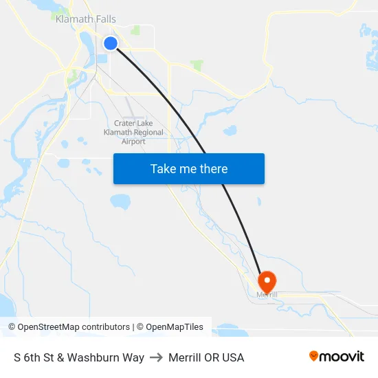 S 6th St & Washburn Way to Merrill OR USA map