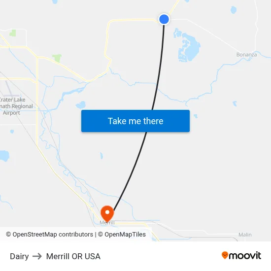 Dairy to Merrill OR USA map