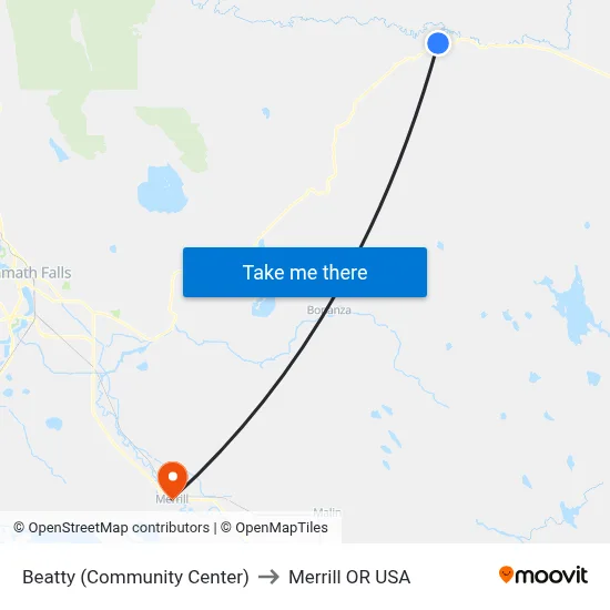 Beatty (Community Center) to Merrill OR USA map